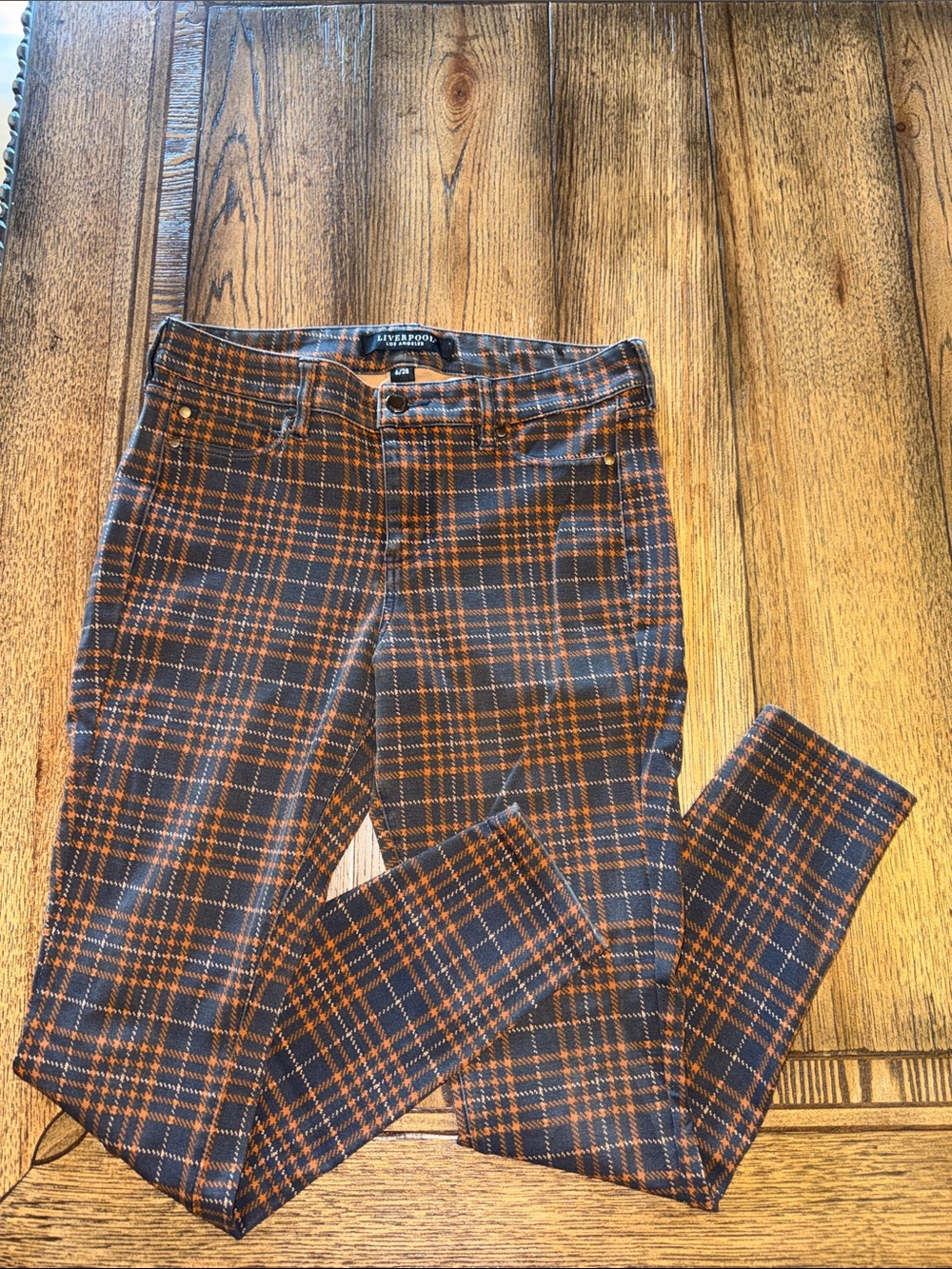 Liverpool Jeans Company Women’s Skinny Plaid Pants - Navy & Orange